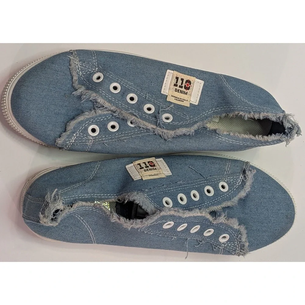 110 Denim Slip On Sneakers Women 41 Blue Good Distressed Frayed Laceless Low Top